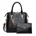 Chic black crocodile pattern tote bag with tassel pendant and matching envelope pouch - Black