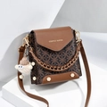 Vintage brown geometric pattern crossbody phone bag with chain handle and plush charm - Dark Brown