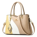 Three-color patchwork tote bag in yellow, white, and coffee PU leather with butterfly charm - Khaki