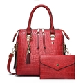 Red crocodile texture handbag with matching envelope wallet and gold tassel charm - Burgundy