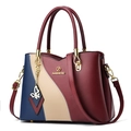Three-tone color block tote bag in blue beige and burgundy leather with butterfly charm - Burgundy