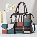 Modern geometric color-block handbag and pouch set with tassel and cat charm - Plaid Coffee