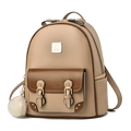 Fashionable beige and brown patchwork leather backpack with plush charm for women - Large Size (SC8515) / Khaki