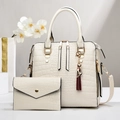 Chic cream white crocodile pattern tote bag set with matching long wallet and cat charm - White