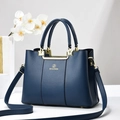 Navy blue lychee grain leather handbag with gold logo and matching shoulder strap - Blue