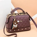 Deep purple quilted Boston handbag with diamond stitching and cute cartoon bear charm - Deep purple