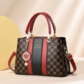 Sac à main femme avec motif à carreaux marron et bandoulière rouge amovible - Café et Vin Rouge Grille