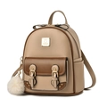 Mini khaki and brown leather fashion backpack with pearl chain and fur ball pendant - Small Size (SC8515) / Khaki