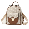Sac à dos beige avec garniture en cuir marron, fermoir doré et pompon en fausse fourrure - Grand / Blanc Cassé