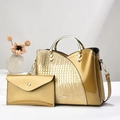 Golden crocodile pattern tote bag set with matching clutch and metallic handles - Gold