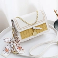 Contrast color crossbody bag in yellow checkerboard and white leather with gold chain - Yellow