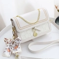 Elegant cream white crossbody bag with woven checkerboard pattern and silk scarf decor - White