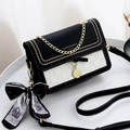 Contrast small square crossbody bag in black and white with golden chain handle and scarf - Black