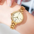 Elegante goldene Damenuhr mit Metallkettenarmband und minimalistischen Strass-Ziffern - Goldenes Gehäuse Goldenes Zifferblatt