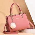 Pink large capacity faux leather handbag with wave trim and plush ball charm accessory - Pink