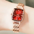 Gedi rose gold tonneau watch for women with red sunburst dial and rhinestone accents - Rose Gold Case Red Dial