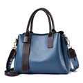 Women's blue and brown contrast leather tote bag with wide logo fabric shoulder strap - Dark Blue