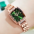 Rose gold steel watch with rectangular green sunray dial and diamond accents for women - Rose Gold Case Green Dial