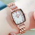 Rose gold tonneau-shaped quartz watch with diamond-set bezel and metal link bracelet - Rose Gold Case White Dial