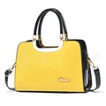 Fashionable yellow and black contrast patent leather handbag with adjustable strap - Bright Yellow