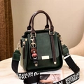 Vintage dark green top handle bag with contrast brown trim and wide logo shoulder strap - Green