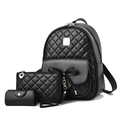 3-piece black quilted PU leather backpack set with golden bow charm and metal zippers - Black