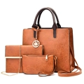 3-piece set caramel tote bag with crossbody chain bag and leaf charm for women - Brown