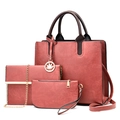 Chic 3-piece tote bag set in vintage brick red lychee grain leather with maple leaf pendant - Pink