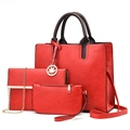 Three-piece red PU leather tote bag set with golden leaf charm and crossbody strap - Red