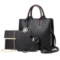 Three-piece black PU leather tote set with leaf pendant and brown handles on white background - Black