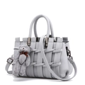 Light gray PU leather handbag with woven design, top handles and plush bear charm - Gray