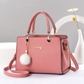 Elegant pink handbag with gold logo, pearl plush charm and detachable shoulder strap - Dusty Pink