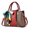 Red and black paneled handbag with houndstooth fabric, scarf bow and pearl pendant - Wine Red (With Silk Scarf)