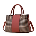 Elegant red leather and houndstooth patchwork handbag with pearl charm and shoulder strap - Wine Red (No Silk Scarf)