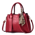 Dark red crocodile embossed handbag with leopard scarf and gold hardware accessories - Burgundy