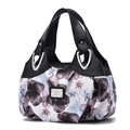 Women's minimalist large capacity handbag with floral print and black leather handles - Black / Purple Flower