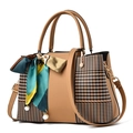 Brown leather handbag with houndstooth side panels and decorative pearl silk scarf - Khaki (With Silk Scarf)