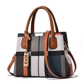 Bolso tote de mujer con cuadros multicolores con asas marrones y correa ajustable - Cuadros Aleatorios/Amarillo Tierra