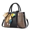 Black PU leather tote bag featuring houndstooth side panels and a silk scarf handle wrap - Black (With Silk Scarf)