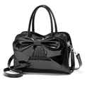 Glossy black patent leather handbag with large bow and crocodile embossed pattern - Black