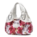 Bolso tote de mujer en cuero blanco con estampado floral rojo y placa plateada - Blanco / Flor Roja