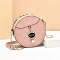 Pink round quilted crossbody bag with cat charm and gold chain strap for women - Pink