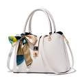 Elegant off-white top-handle bag in litchi grain leather with colorful silk scarf - White (With Beaded Silk Scarf)