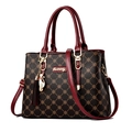 Borsa marrone monogramma con manici rosso scuro e ciondolo a gatto di Danbaoly - Rosso Scuro/Stampa Caffè Scuro