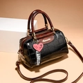 Retro Boston bag in black croc texture and brown leather with a pink heart charm - Black