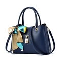 Elegant navy blue lychee pattern handbag with decorative silk scarf and gold lock - Dark Blue (With Beaded Silk Scarf)