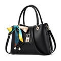 Elegant black lychee grain leather handbag with floral scarf and gold hardware detail - Black (With Beaded Silk Scarf)