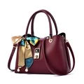 Elegant wine red leather handbag with lychee texture and decorative silk scarf - Jujube Red (With Beaded Silk Scarf)