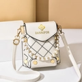 White quilted mini crossbody phone bag with pearl handle and golden logo detail - White