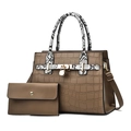 Brown faux crocodile leather handbag set with snakeskin print handles and gold clasp lock - Coffee
